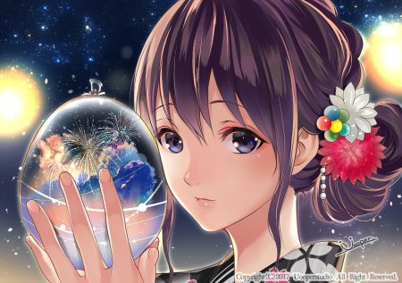 aliasing black hair blue eyes close clouds fireworks japanese clothes night original signed sky stars uooper watermark yukata
