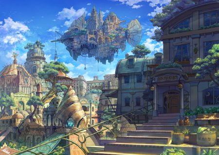 airship building city clouds kaitan no humans original scenic sky stairs tree