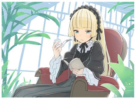 blonde hair book dress gosick goth-loli green eyes headphones kawayabug lolita fashion long hair smoking victorique de broix