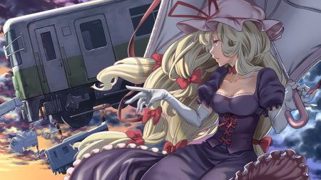 blonde hair bow breasts cleavage clouds corset dress elbow gloves gloves hat kawayabug long hair purple eyes sky sunset touhou train umbrella yakumo yukari