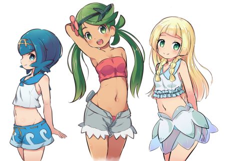 aqua eyes blonde hair blue hair braids dark skin flat chest green eyes green hair lillie (pokemon) loli long hair mao (pokemon) navel nekono rin pokemon see through short hair shorts skirt suiren (pokemon) twintails white