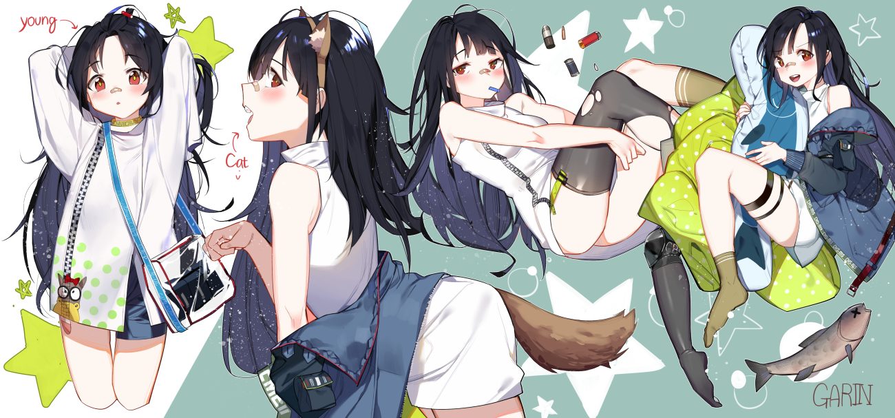 animal animal ears anthropomorphism bandaid black hair blush catgirl c-ms (girls frontline) dress fish garin garter girls frontline headband loli long hair red eyes signed socks summer dress tail thighhighs torn clothes