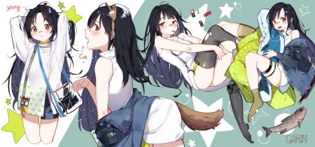animal animal ears anthropomorphism bandaid black hair blush catgirl c-ms (girls frontline) dress fish garin garter girls frontline headband loli long hair red eyes signed socks summer dress tail thighhighs torn clothes