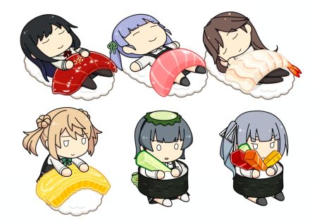 anthropomorphism arare (kancolle) arashio (kancolle) asashio (kancolle) black hair blue hair brown hair chibi dress food gray hair hat kantai collection kasumi (kancolle) long hair michishio (kancolle) ooshio (kancolle) pantyhose ponytail school uniform shirt sleeping tun twintails waifu2x white