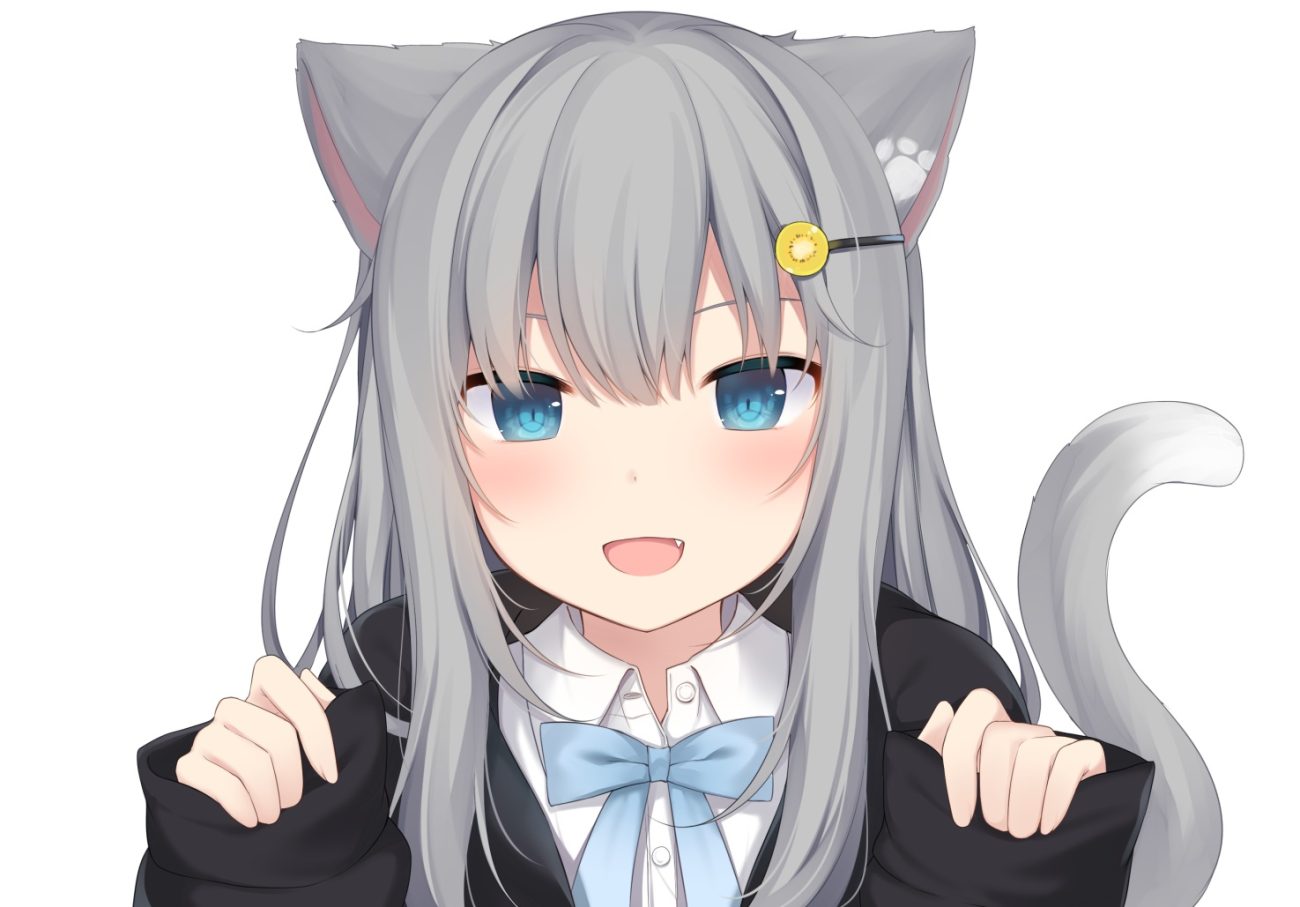 amashiro natsuki animal ears aqua eyes bow catgirl close fang gray hair long hair nachoneko original tail white