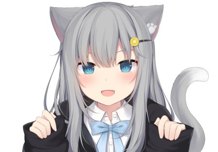 amashiro natsuki animal ears aqua eyes bow catgirl close fang gray hair long hair nachoneko original tail white