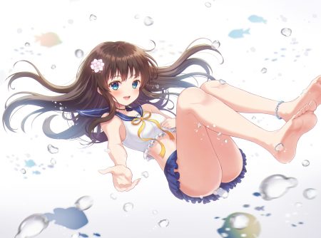 animal aqua eyes barefoot blush brown hair bubbles choker fish foreign blue long hair original school uniform skirt underwater water white