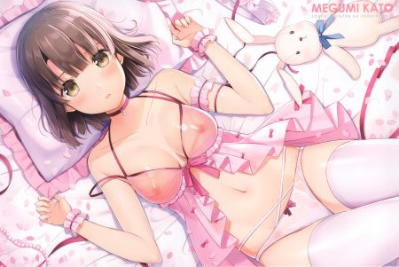 6u (eternal land) bed blush bow breasts brown eyes brown hair bunny choker cropped katou megumi navel nipples panties ribbons saenai heroine no sodatekata scan see through short hair thighhighs underwear wristwear