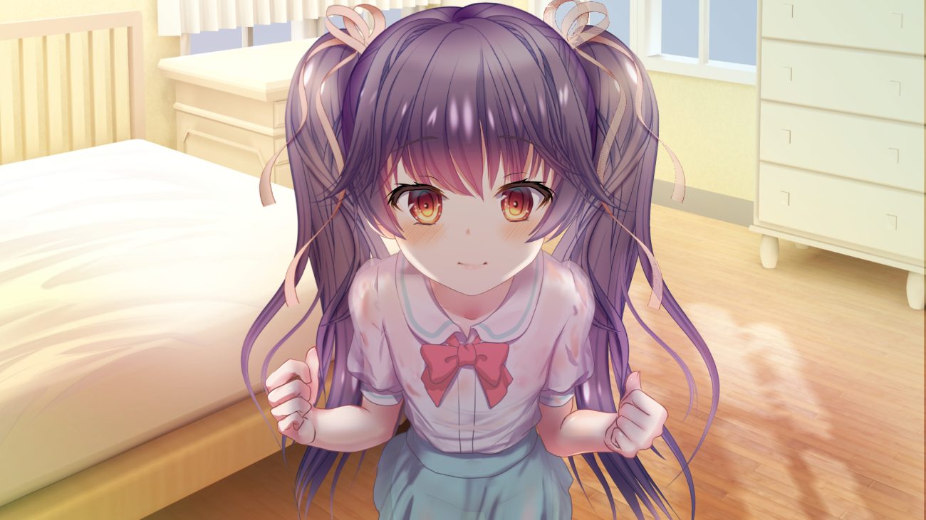 blush flat chest loli long hair nipples nopan orange eyes original purple hair ribbons school uniform see through tagme (artist) twintails wet