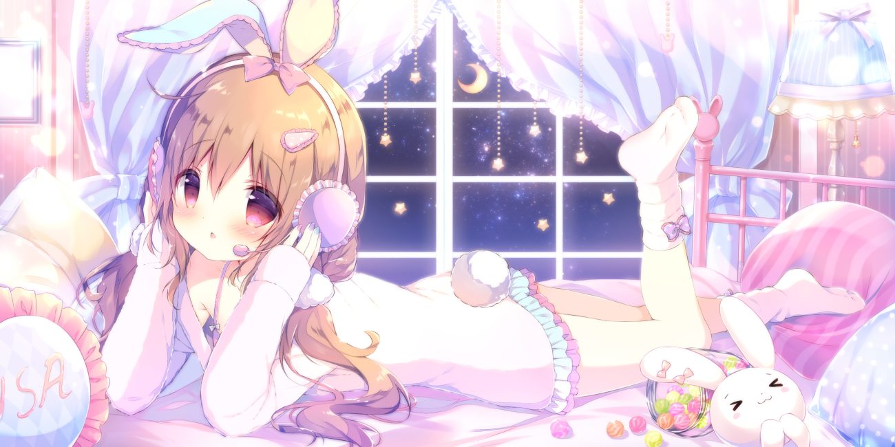 animal ears bed blush brown hair bunny bunny ears bunnygirl candy headphones loli long hair microphone original pajamas red eyes shiratama socks tail