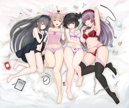 bandage barefoot black hair blush bra breast hold breasts brown hair cleavage garter belt gray hair group headdress long hair minai karte natori sana navel nurse panties pink eyes purple hair red eyes rokudou mei sana channel short hair shouju ling stockings takajin-chan takajin-channel twintails underwear virtual clinic wristwear