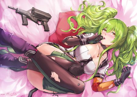 anthropomorphism bed blush boots breasts choker cleavage elbow gloves girls frontline gloves green hair gun hiroki ree long hair m950a (girls frontline) necklace signed thighhighs torn clothes twintails weapon yellow eyes