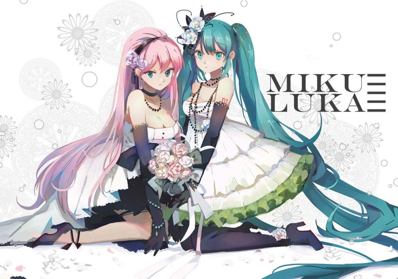 2girls aqua hair boots breasts choker cleavage dress elbow gloves flowers gloves green eyes hatsune miku headband jpeg artifacts long hair megurine luka necklace pink hair shadowsinking tattoo thighhighs twintails vocaloid