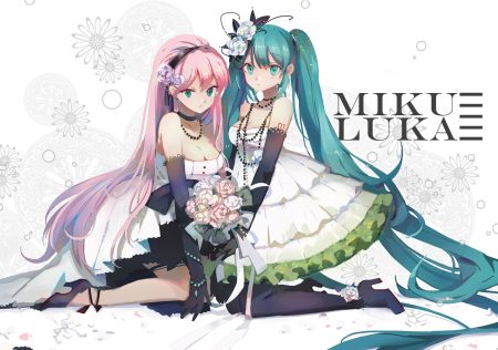 2girls aqua hair boots breasts choker cleavage dress elbow gloves flowers gloves green eyes hatsune miku headband jpeg artifacts long hair megurine luka necklace pink hair shadowsinking tattoo thighhighs twintails vocaloid