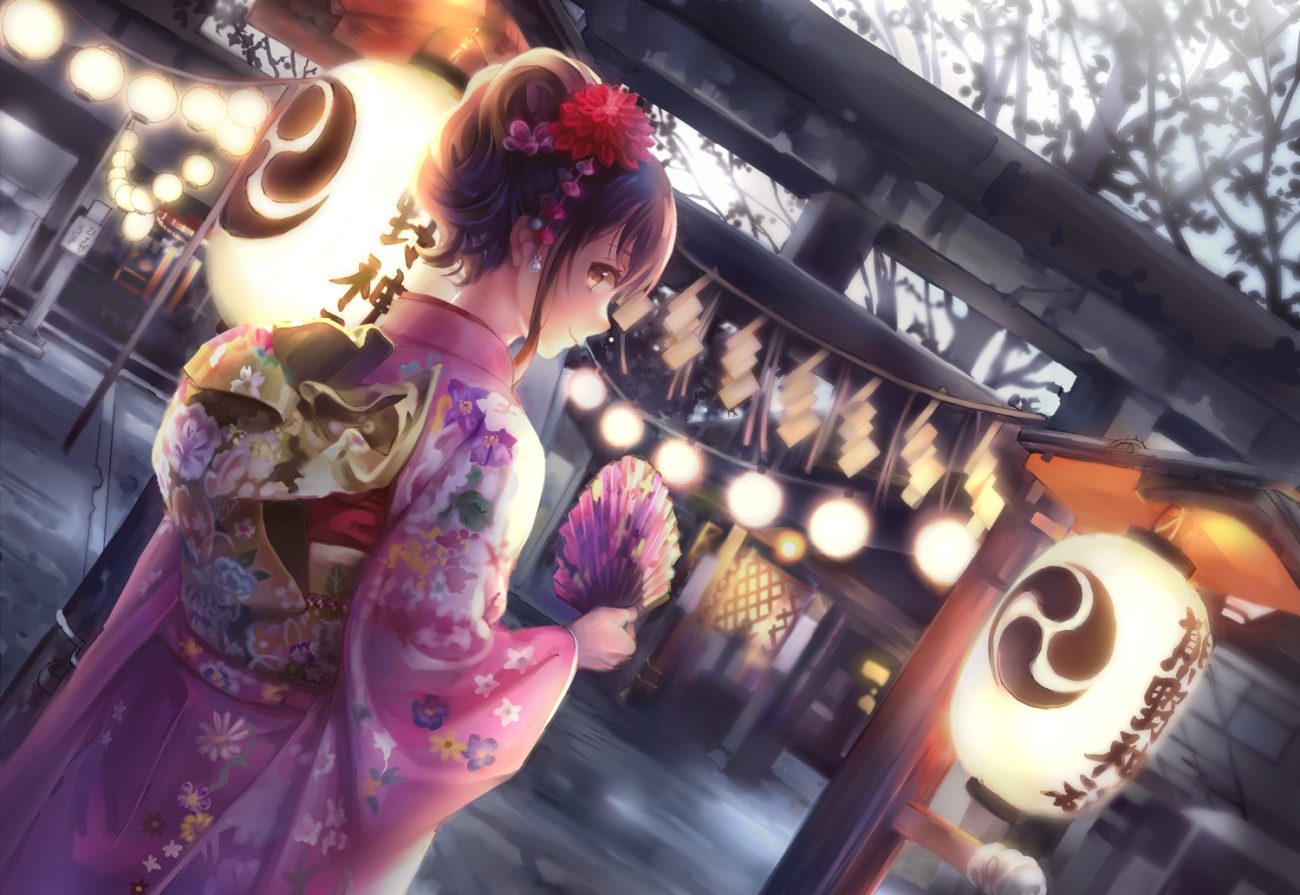 brown hair curekiller fan japanese clothes kimono original shrine torii tree yellow eyes