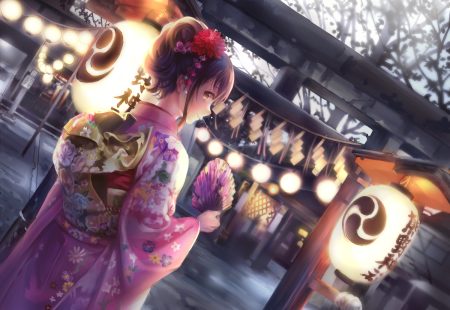 brown hair curekiller fan japanese clothes kimono original shrine torii tree yellow eyes