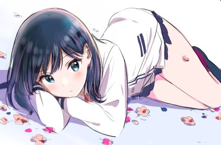 black hair blue eyes flowers long hair petals school uniform sketch skirt ssss.gridman takarada rikka yatomi