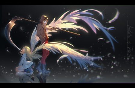 blonde hair boots choker feathers hood isaac foster long hair male rachel gardner reflection satsuriku no tenshi scythe short hair tidsean weapon wings