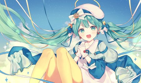 blush bow clouds gloves green eyes green hair halo hat hatsune miku long hair pantyhose signed silltare sky stars twintails vocaloid