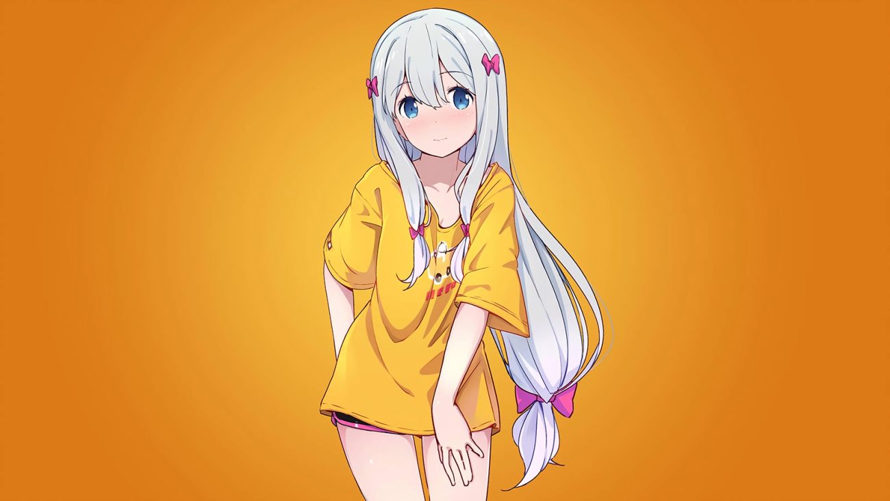 aqua eyes assassinwarrior eromanga-sensei gradient gray hair izumi sagiri loli long hair orange shorts