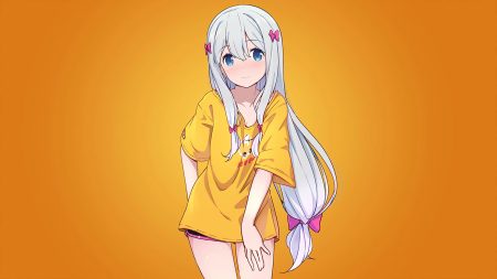 aqua eyes assassinwarrior eromanga-sensei gradient gray hair izumi sagiri loli long hair orange shorts