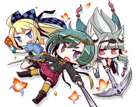 7th dragon animal ears blonde hair blue eyes boots bow chibi fang flowers garter gloves gray hair green hair headband katana long hair naga u ponytail purple eyes red eyes school uniform short hair skirt sword thighhighs waifu2x weapon wristwear
