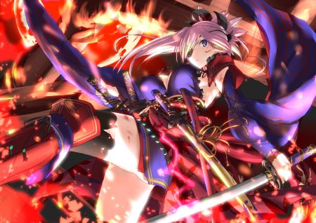 blue eyes breasts cleavage eyepatch fate/grand order fate (series) fire japanese clothes katana long hair miyamoto musashi (fate/grand order) pink hair sword thighhighs tsuuhan weapon