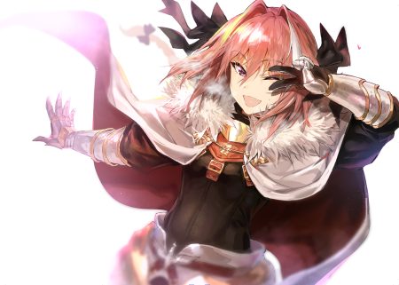 all male armor astolfo bow cape fang fate/grand order fate (series) gloves iku (ikuchan kaoru) long hair male otoko no ko pink hair ponytail purple eyes wink