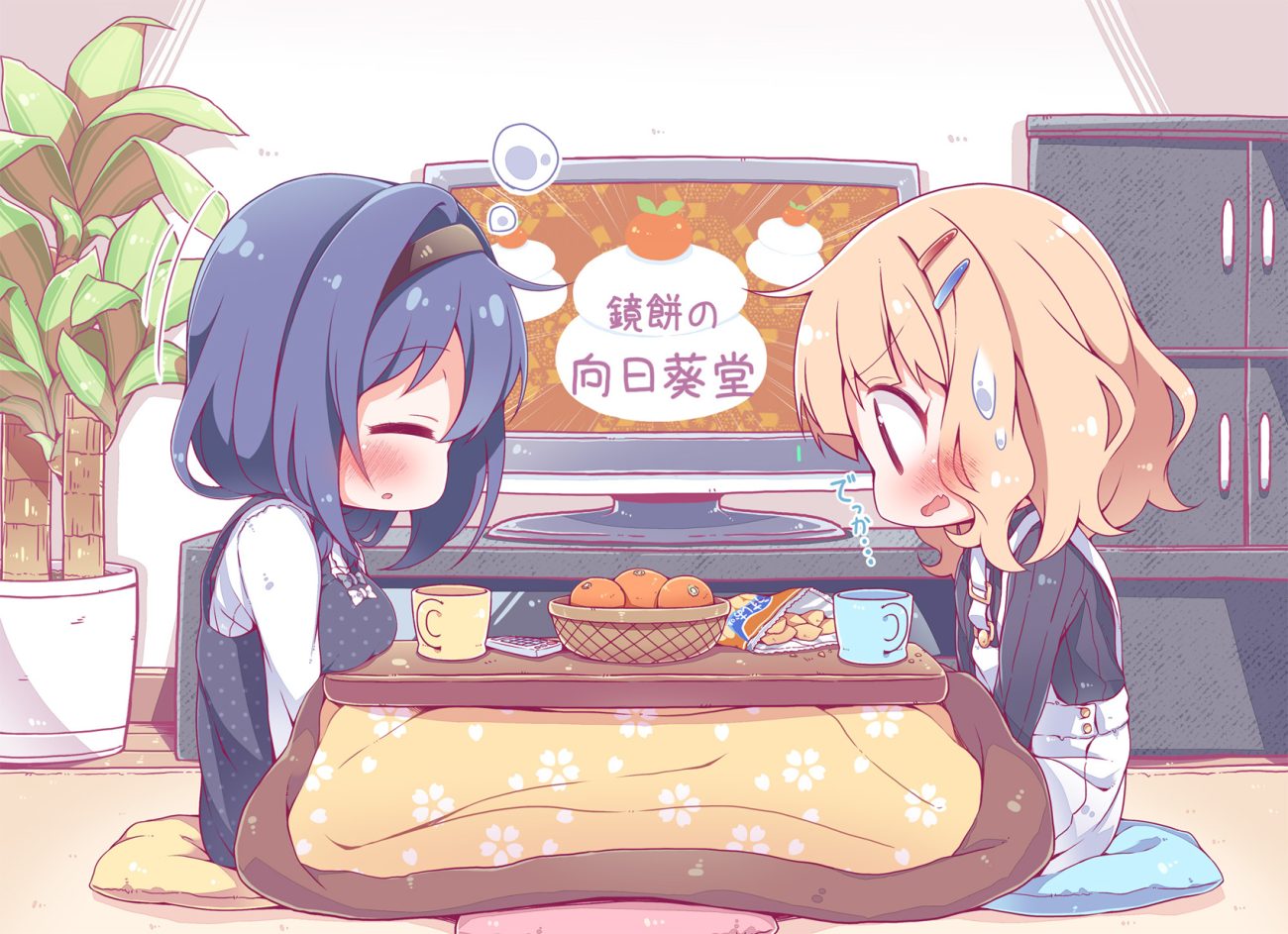 2girls blonde hair blue hair blush breasts brown eyes dress fang food fruit furutani himawari headband kotatsu oomuro sakurako orange (fruit) short hair shorts sleeping takahero yuru yuri
