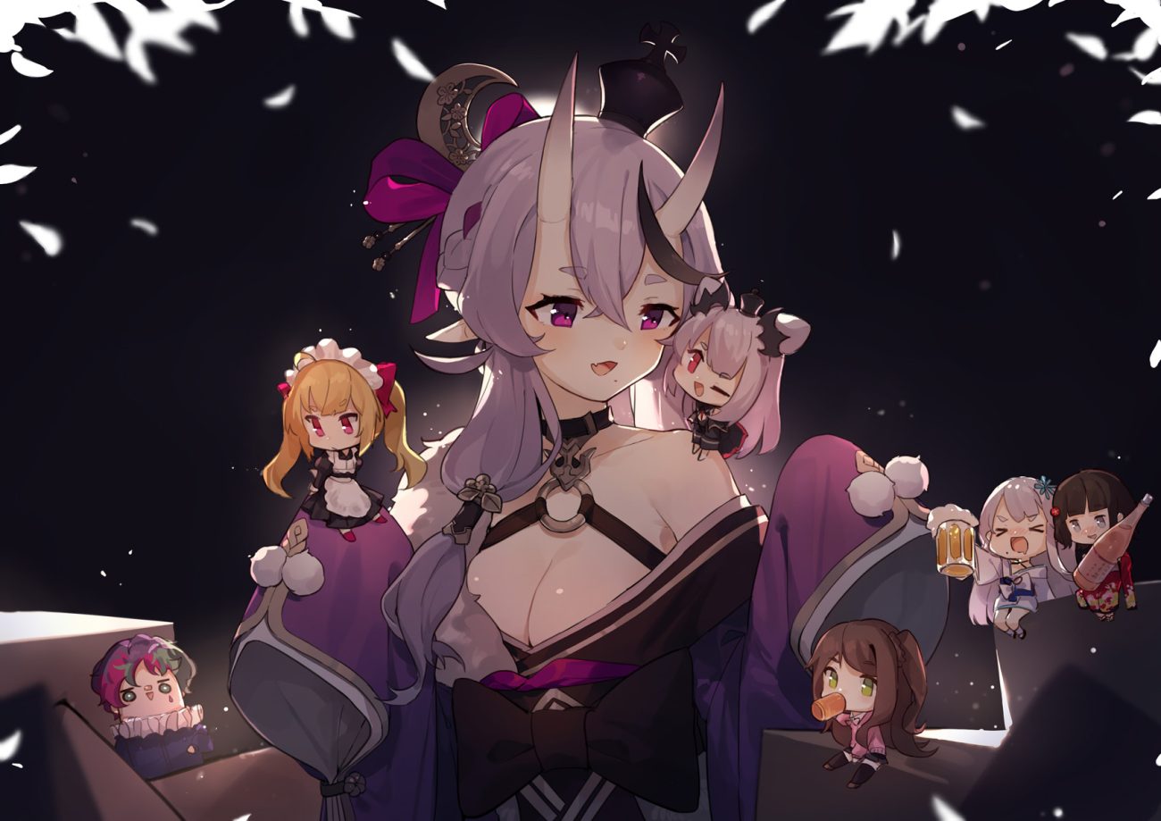 akabane youko apron black eyes black hair blonde hair blush breasts brown hair chibi choker cleavage demon drink fang gray hair green eyes headdress honey strap horns japanese clothes joe rikiichi kimono long hair maid male nijisanji ponytail purple eyes red eyes rindou mikoto school uniform setsuna (nijisanji) short hair sh (shinh) skirt suou patra suzuka utako takamiya rion thighhighs wink zettai ryouiki