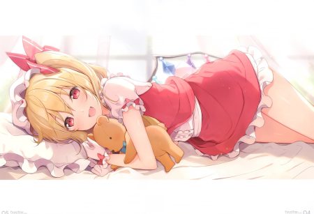 6u (eternal land) bed blonde hair blush bow fang flandre scarlet hat ponytail red eyes scan short hair skirt teddy bear touhou vampire wings wristwear