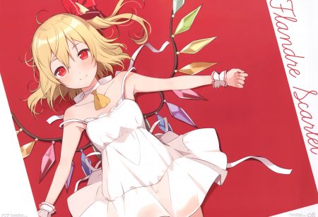 6u (eternal land) blonde hair choker dress fang flandre scarlet ponytail red eyes scan short hair summer dress touhou vampire wings wristwear