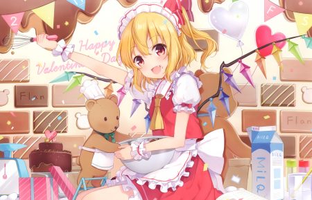 6u (eternal land) apron blonde hair blush bow cake candy chocolate cropped fang flandre scarlet food headdress heart ponytail red eyes scan short hair skirt teddy bear touhou valentine vampire wings wristwear