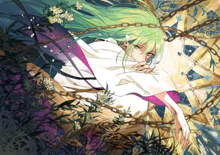 all male bicolored eyes chain enkidu fate/grand order fate (series) flowers green hair leaves long hair male seomouse