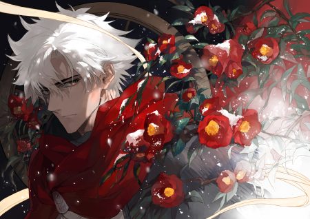 all male cape emiya kiritsugu fate/grand order fate (series) flowers hood male seomouse short hair snow white hair yellow eyes