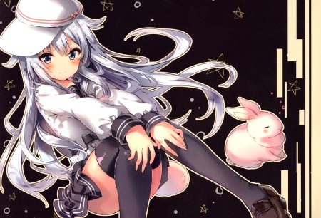 animal anthropomorphism blue eyes blush gray hair hat hibiki (kancolle) kantai collection long hair rabbit riichu scan school uniform skirt thighhighs verniy (kancolle)