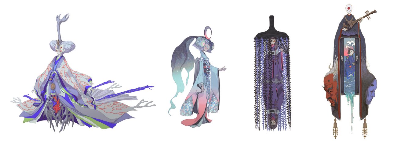 black hair fan hat headdress instrument japanese clothes kimono long hair necklace orange eyes original red eyes sheepeden water white white hair