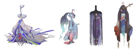 black hair fan hat headdress instrument japanese clothes kimono long hair necklace orange eyes original red eyes sheepeden water white white hair