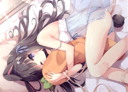 animal ears black hair bunny ears bunnygirl cropped hug long hair panties purple eyes ribbons scan tagme (artist) tail underwear wink