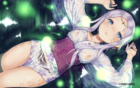 aqua eyes breasts dmm grand harem gray hair headdress japanese clothes long hair nipples pokachu see through tattoo water wet yukata