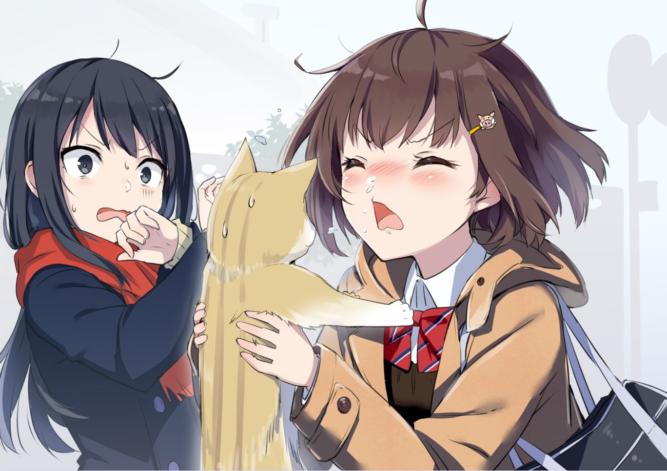 2girls animal black eyes black hair blush bow brown hair cat gochou (comedia80) long hair original scarf school uniform short hair