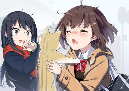 2girls animal black eyes black hair blush bow brown hair cat gochou (comedia80) long hair original scarf school uniform short hair