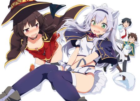 animal ears bandage black hair blush boots brown hair choker dress glenn radars gloves gochou (comedia80) gray hair green eyes group hat headband kono subarashii sekai ni shukufuku wo! long hair male megumin no bra nopan red eyes rokudenashi majutsu koushi to akashic record satou kazuma short hair sistine fibel skirt skirt lift thighhighs tie white