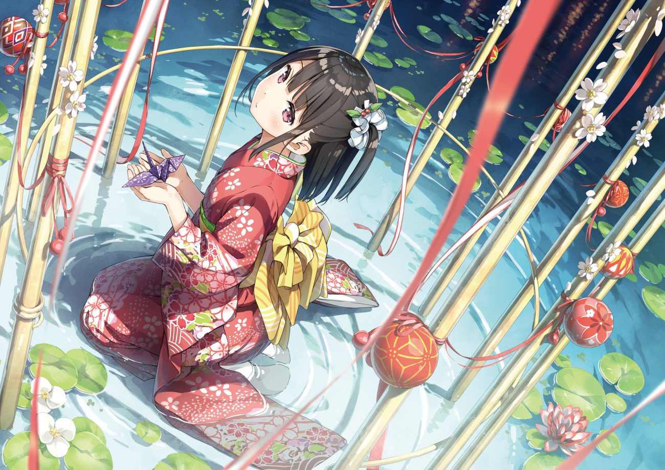 ball brown hair flowers japanese clothes jpeg artifacts kantoku kimono original paper ponytail purple eyes water