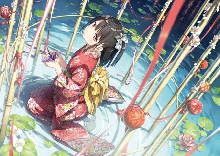 ball brown hair flowers japanese clothes jpeg artifacts kantoku kimono original paper ponytail purple eyes water