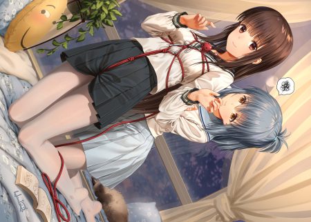 2girls animal blue hair book brown eyes brown hair cat gag haneru haori haruki himino seika long hair original pantyhose rope school uniform signed skirt