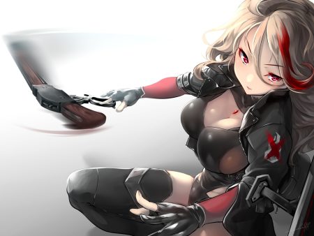aliasing anthropomorphism blonde hair breasts cleavage girls frontline gloves gradient gun long hair m1887 (girls frontline) red eyes signed thighhighs usuki (graygreed) weapon
