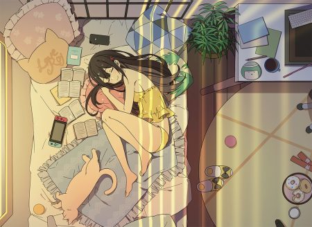 animal ayamy barefoot bed black hair book breasts cat game console long hair original panties phone sleeping underwear