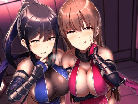 2girls aliasing aoi chizuru black hair blush breasts brown eyes brown hair cleavage erect nipples long hair ninja original pink eyes ponytail scarf