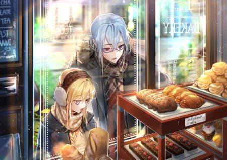aliasing aqua eyes aqua hair blonde hair earmuffs food glasses interitio male original scarf